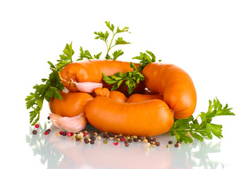 tasty sausages, spices and parsley isolation on white