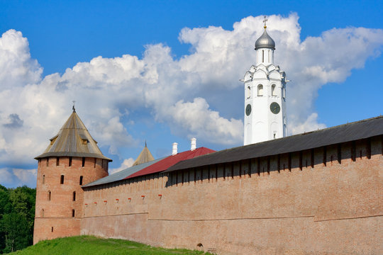 view on a Metropolitan Tower and a Belltower in Novgorod