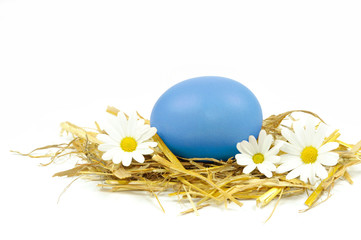 Blaues Ei mit Blumen im Stroh