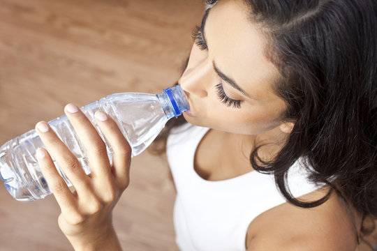 Latina Hispanic Woman Girl Drinking Water Bottle At Gym