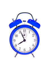 close up of a blue bell clock (alarm clock) isolated on white ba - obrazy, fototapety, plakaty