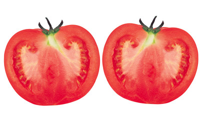 Two halves of red fresh tomato isolated on white