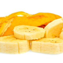 Sliced banana isolated on white with space for text