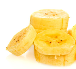 Sliced banana isolated on white with space for text