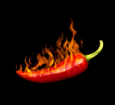 Red Hot Chili Pepper By Fire On A Black Background