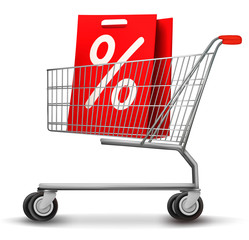 Shopping cart with red bag. Concept of discount.