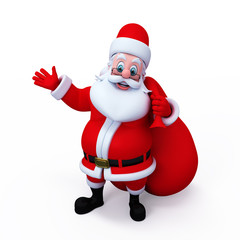 Santa Claus with gift pointing to blank space