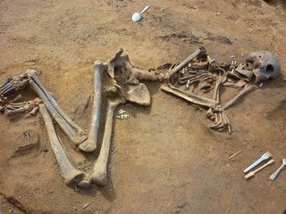 Skeleton of ancient man found during excavations in the flood zo