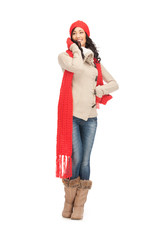 Obraz premium beautiful woman in hat, muffler and mittens