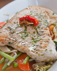 grilled seafood and vegetables