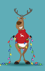 Reindeer in red jumper holding a line of light-bulbs