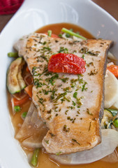 grilled seafood and vegetables