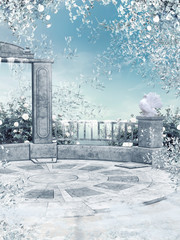 Zimowy ogród z zamarzniętym bluszczem - obrazy, fototapety, plakaty