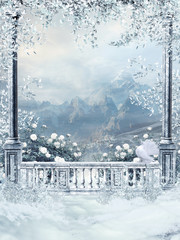 Zimowy balkon z bluszczem i różami - obrazy, fototapety, plakaty