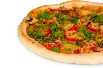 delicious pizza with sausage and vegetables isolated on white