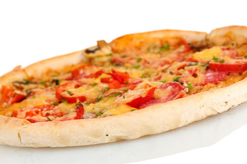 delicious pizza with sausage and vegetables isolated on white