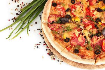 delicious pizza, vegetables, spices and oil isolated on white