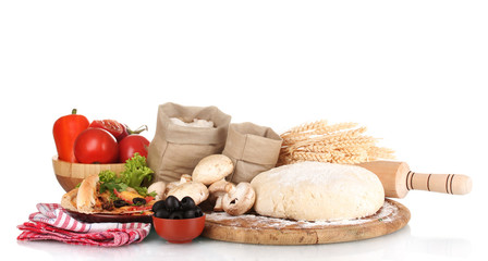 delicious pizza, dough and vegetables isolated on white