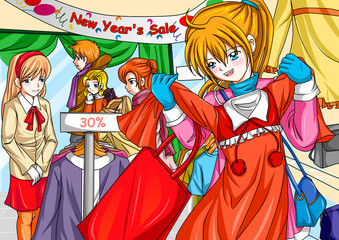 Illustration of a clothes store during new year's sale