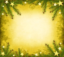 Fototapeta na wymiar Boże Narodzenie, żółty grunge ramka z gałęzi świerkowych