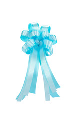light blue ribbon bow isolated on white, clipping path included