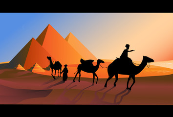 Bedouin caravan camels against over pyramids.