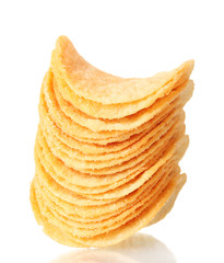 Delicious potato chips isolated on white