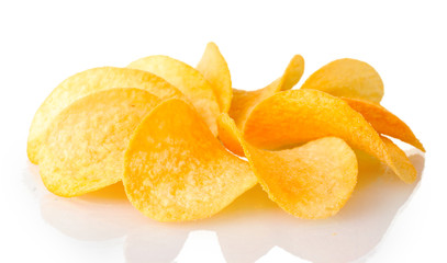 Delicious potato chips isolated on white