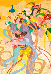 Art Chinese style painting on the wall in temple,Thailand.Genera