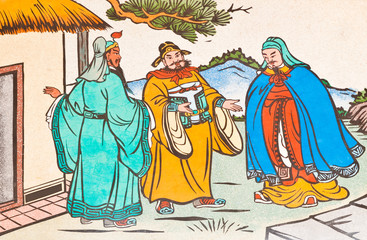 Art Chinese style painting on the wall in temple,Thailand.Genera