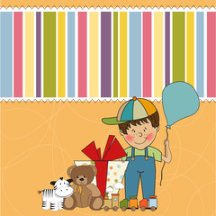 Obraz na płótnie Canvas birthday greeting card with little boy and presents