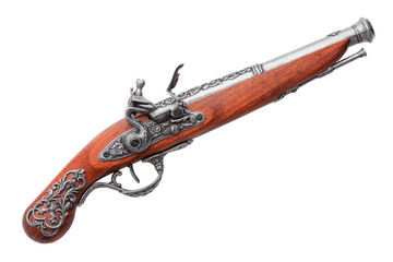 Ancient Spanish gun, adorned with inlaid on white background