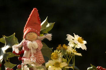 christmas elf among winter flowers