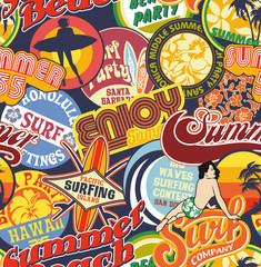 Fototapeta premium Beach vintage pins seamless pattern