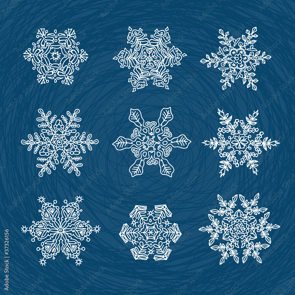 Poster macro-structure of real snowflakes, transformed and drawn as orn