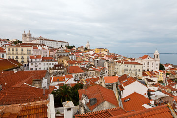Fototapeta na wymiar Panorama Recently Restored Alfama Quarter in Lisbon, Portugal