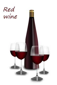bottle with red wine and glass on white background