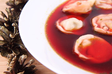 Polish red borscht with uszka (a mushroom filled dumplings)