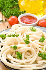 spaghetti food and spices on wood