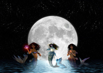 Sirènes nageant au clair de lune.