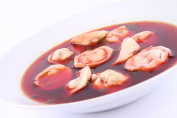 Polish red borscht with uszka (a mushroom filled dumplings)