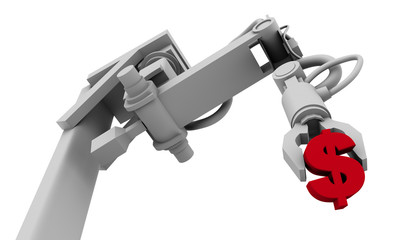 Dollar Symbol in Grip of Robot Arm