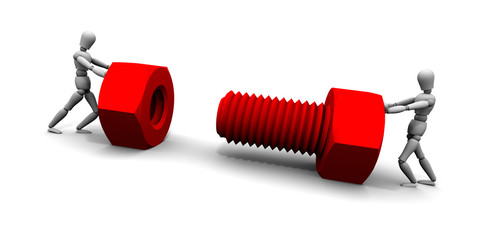Two People Pushing Nut & Bolt Together