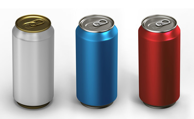3d illustration of three aluminum cans over white background