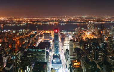 New York City Manhattan skyline aerial view panorama at sunset