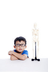 Boy with Human Skeleton model