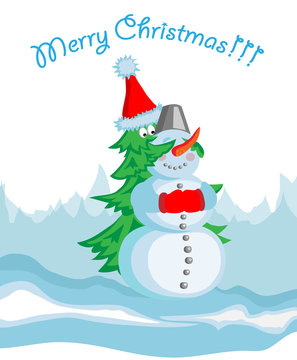 Vector image of greeting card  with a snowman and chrismas tree and the text merry christmas.