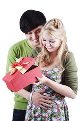 Happy mix couple isolated on white