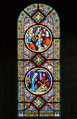 Nativity Scene. Stained glass window in the Basel Cathedral.