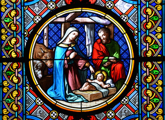 Nativity Scene. Stained glass window in the Basel Cathedral. - obrazy, fototapety, plakaty